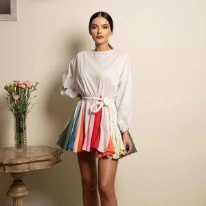 Rhode Resort Ella Mini Dress Godet Trapeze Long Sleeve Color Block XS NWT 277761